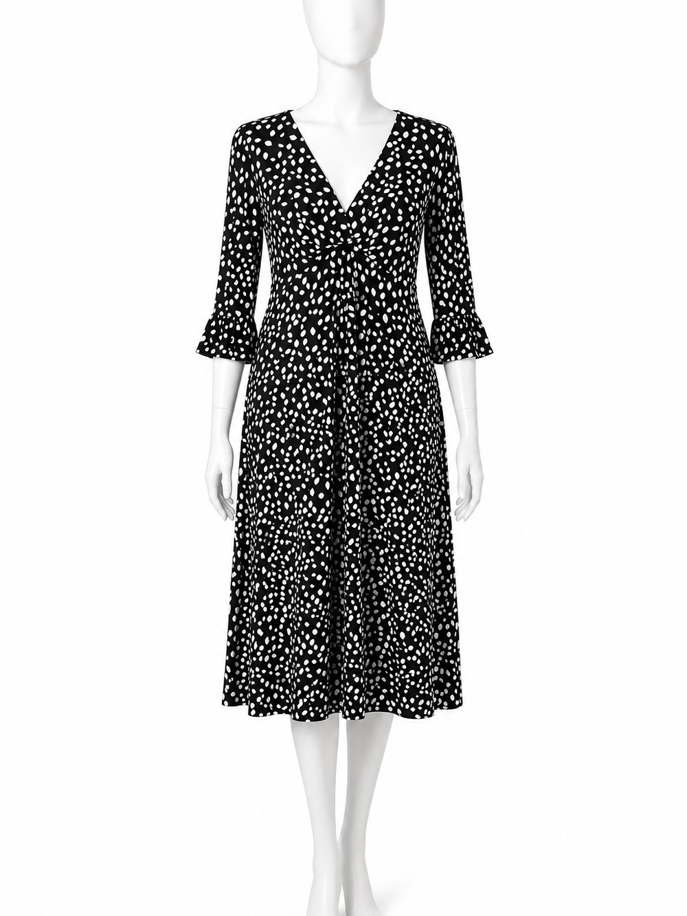 LOFT Black White Print Dress Size 12 Surplice Neck Empire Waist Ruffle Sleeve